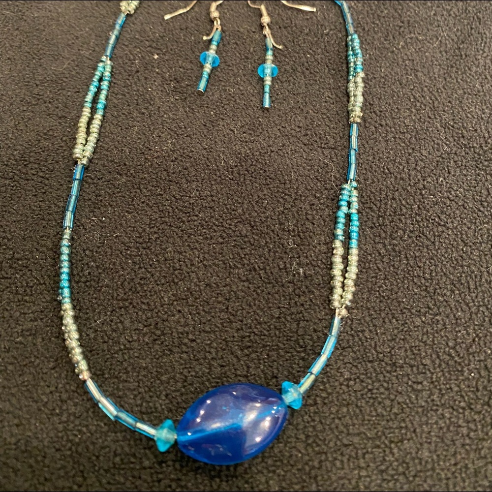 Custom Made Blue Beaded Necklace and Earrings Set